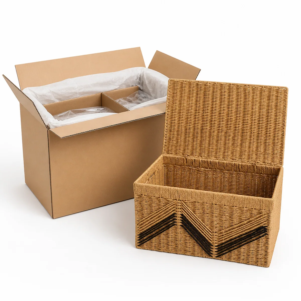 Natural Brown Paper Rope Rectangular Lidded Storage Trunk with Black V-Pattern Accent