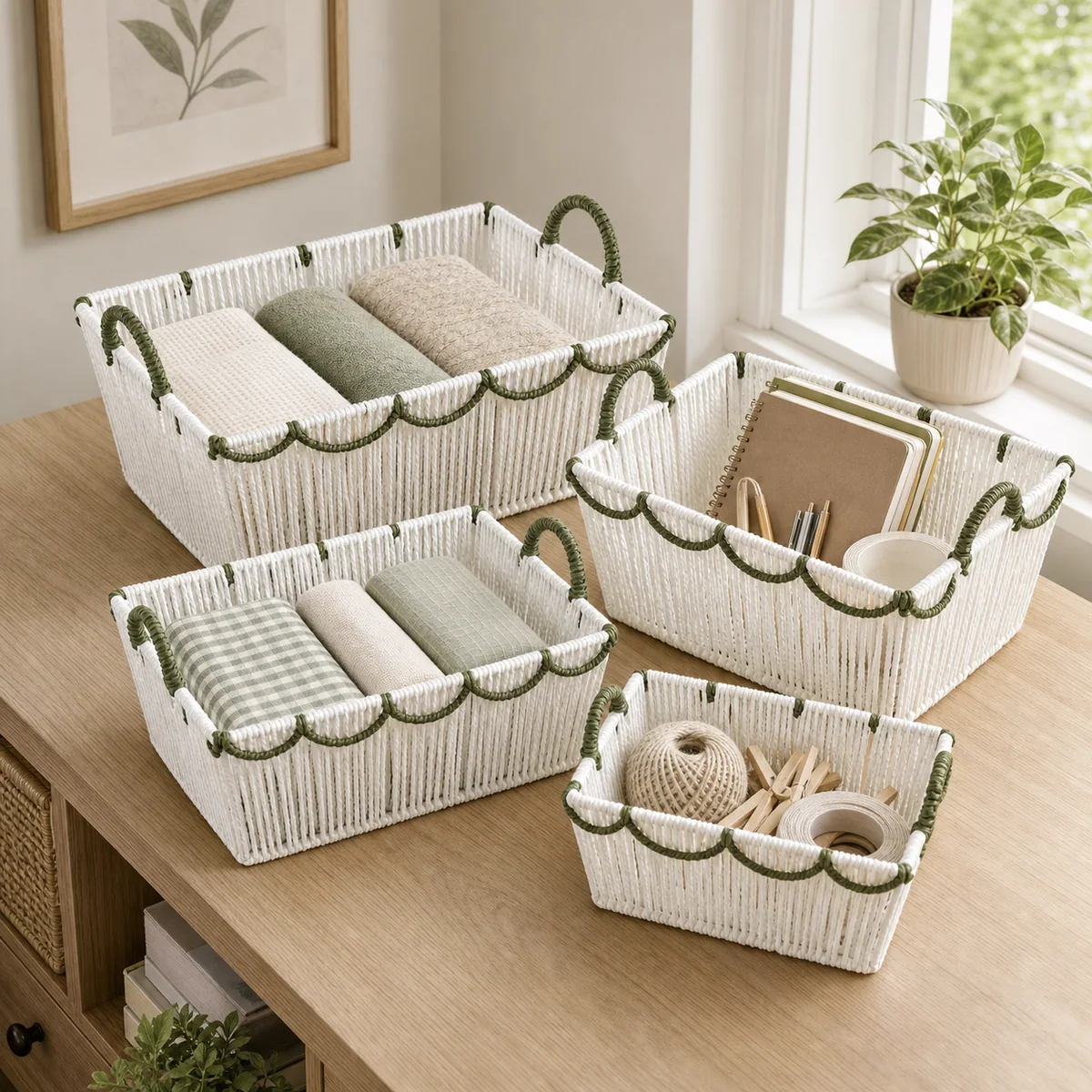 Natural Brown and Sage Green Paper Rope Rectangular 4-Piece Nested Basket Set with Loop Handles