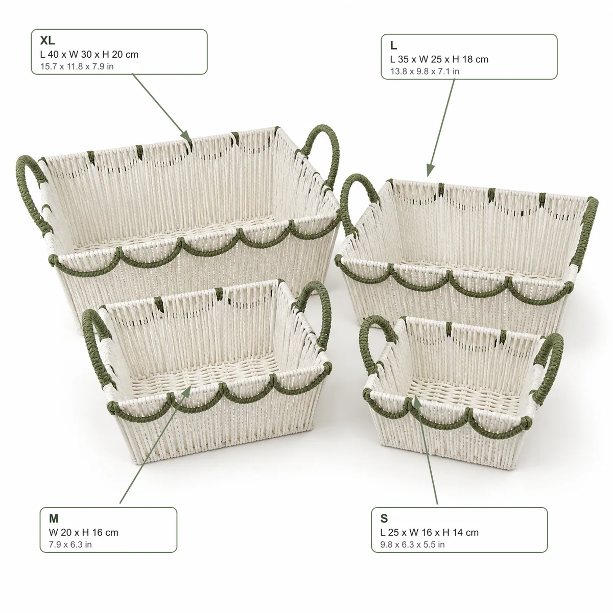 Natural Brown and Sage Green Paper Rope Rectangular 4-Piece Nested Basket Set with Loop Handles