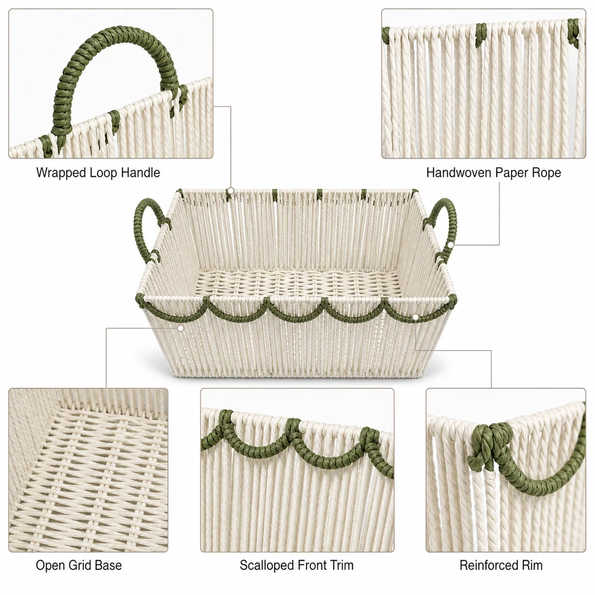 Natural Brown and Sage Green Paper Rope Rectangular 4-Piece Nested Basket Set with Loop Handles