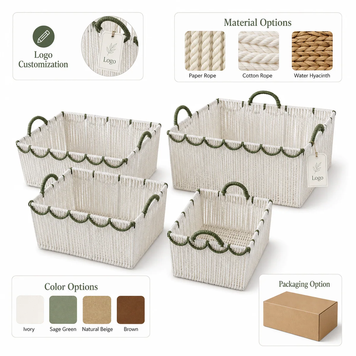 Natural Brown and Sage Green Paper Rope Rectangular 4-Piece Nested Basket Set with Loop Handles