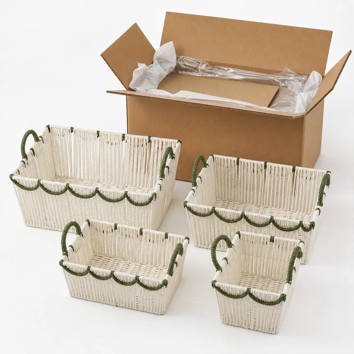 Natural Brown and Sage Green Paper Rope Rectangular 4-Piece Nested Basket Set with Loop Handles