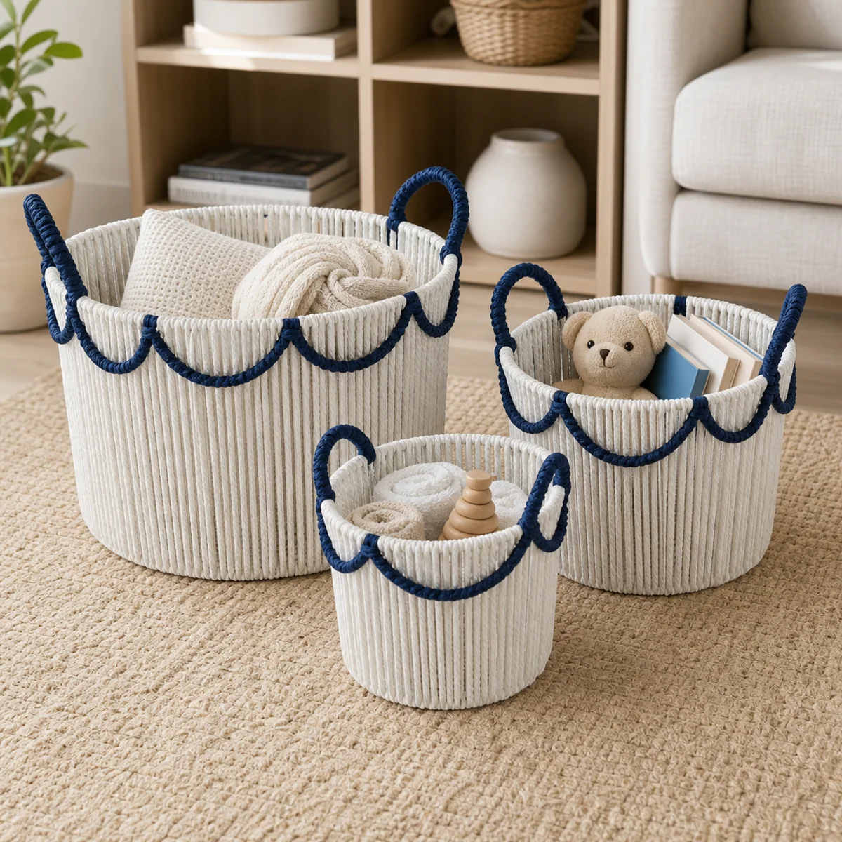 Multi-Color Paper Rope Round 3-Piece Nested Basket Set with Loop Handles