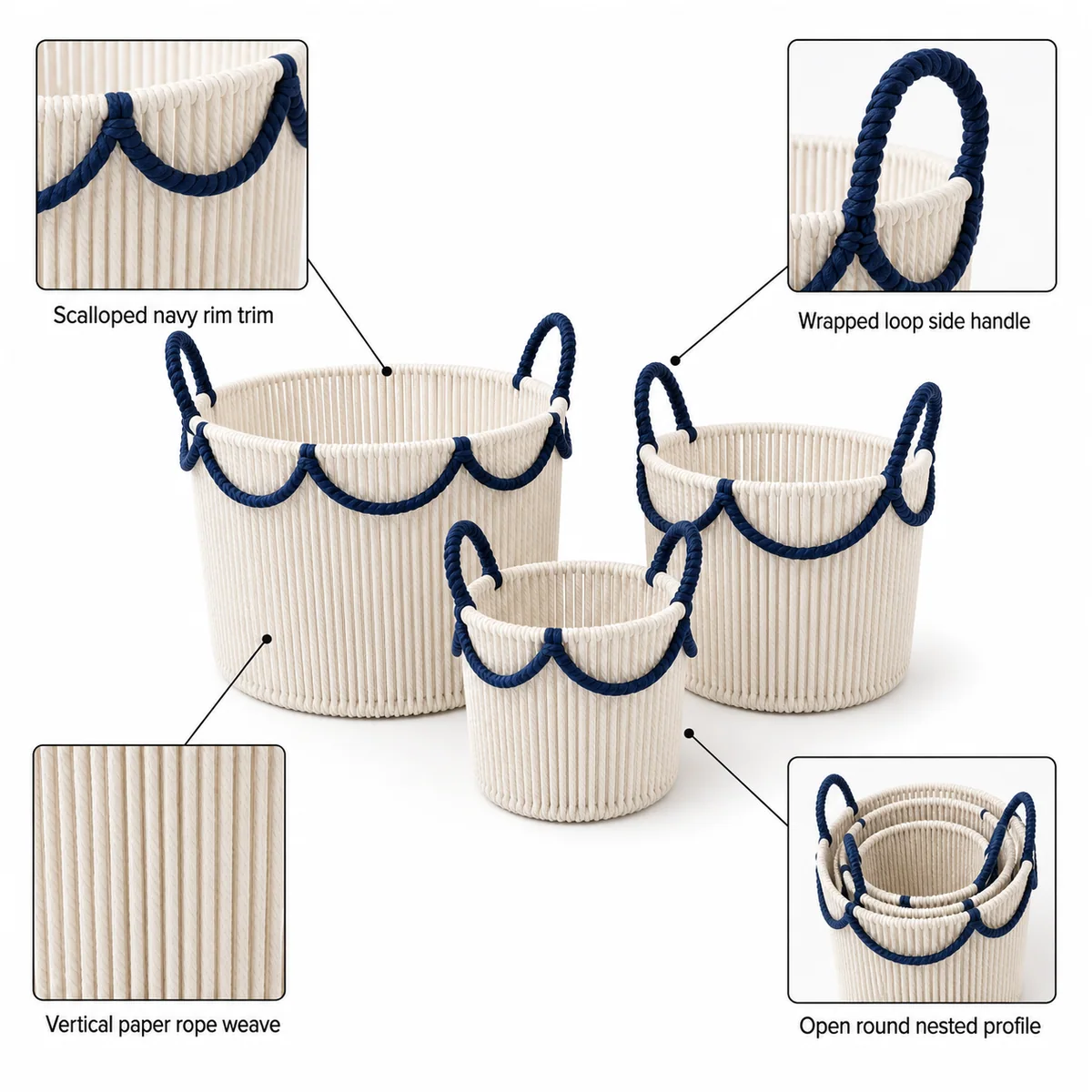 Multi-Color Paper Rope Round 3-Piece Nested Basket Set with Loop Handles