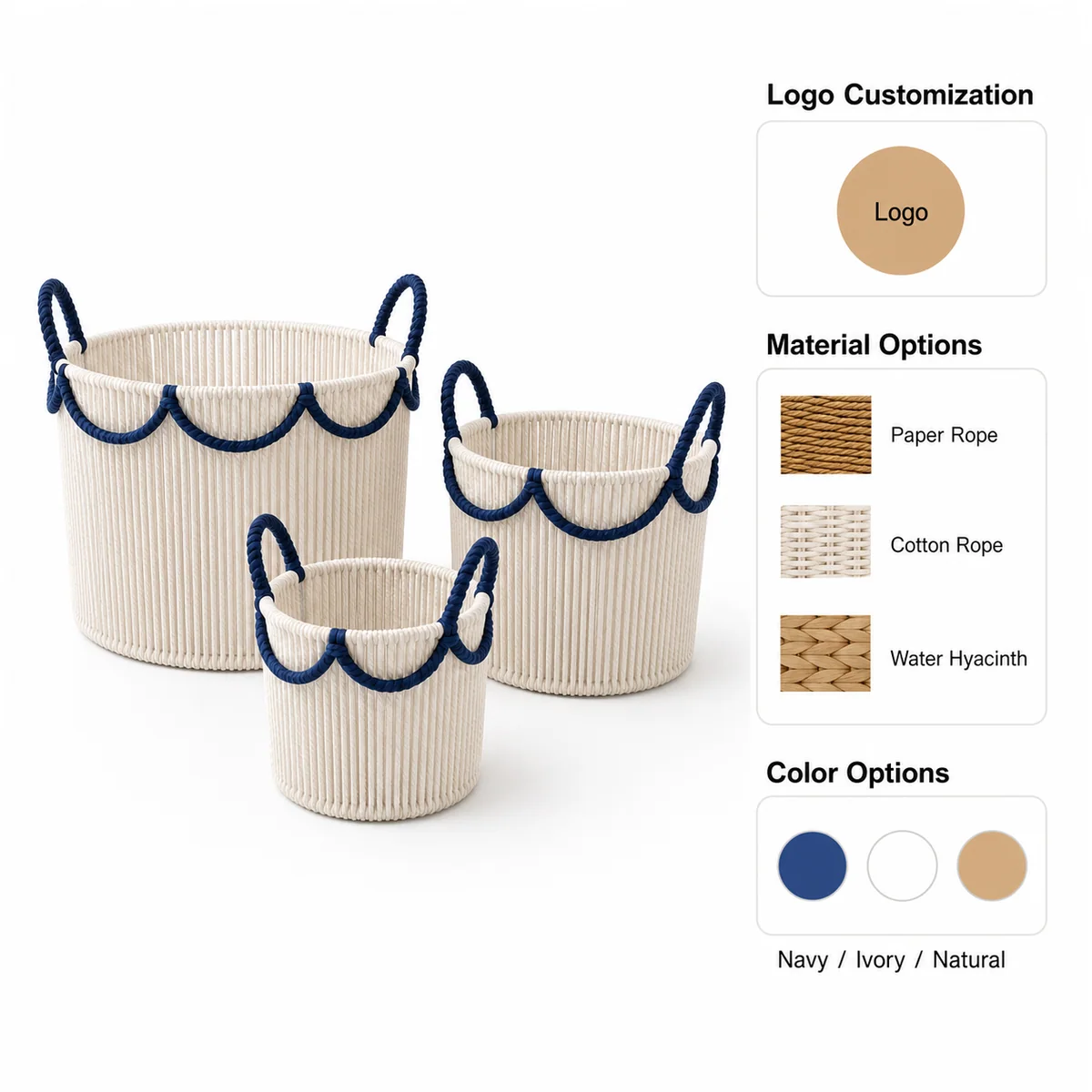 Multi-Color Paper Rope Round 3-Piece Nested Basket Set with Loop Handles
