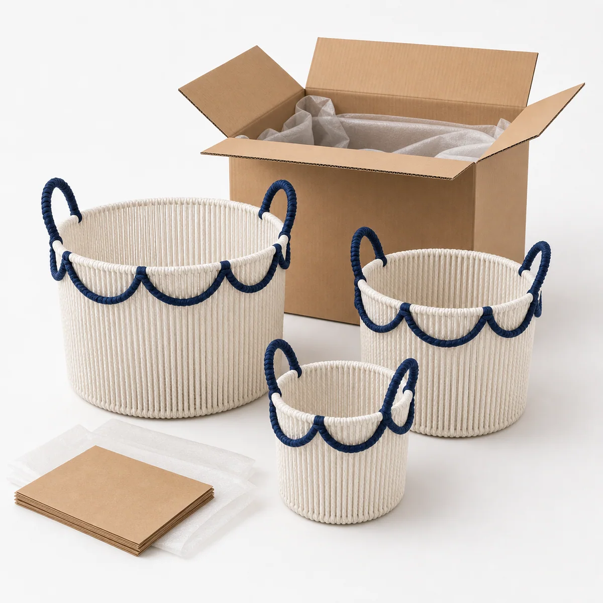Multi-Color Paper Rope Round 3-Piece Nested Basket Set with Loop Handles