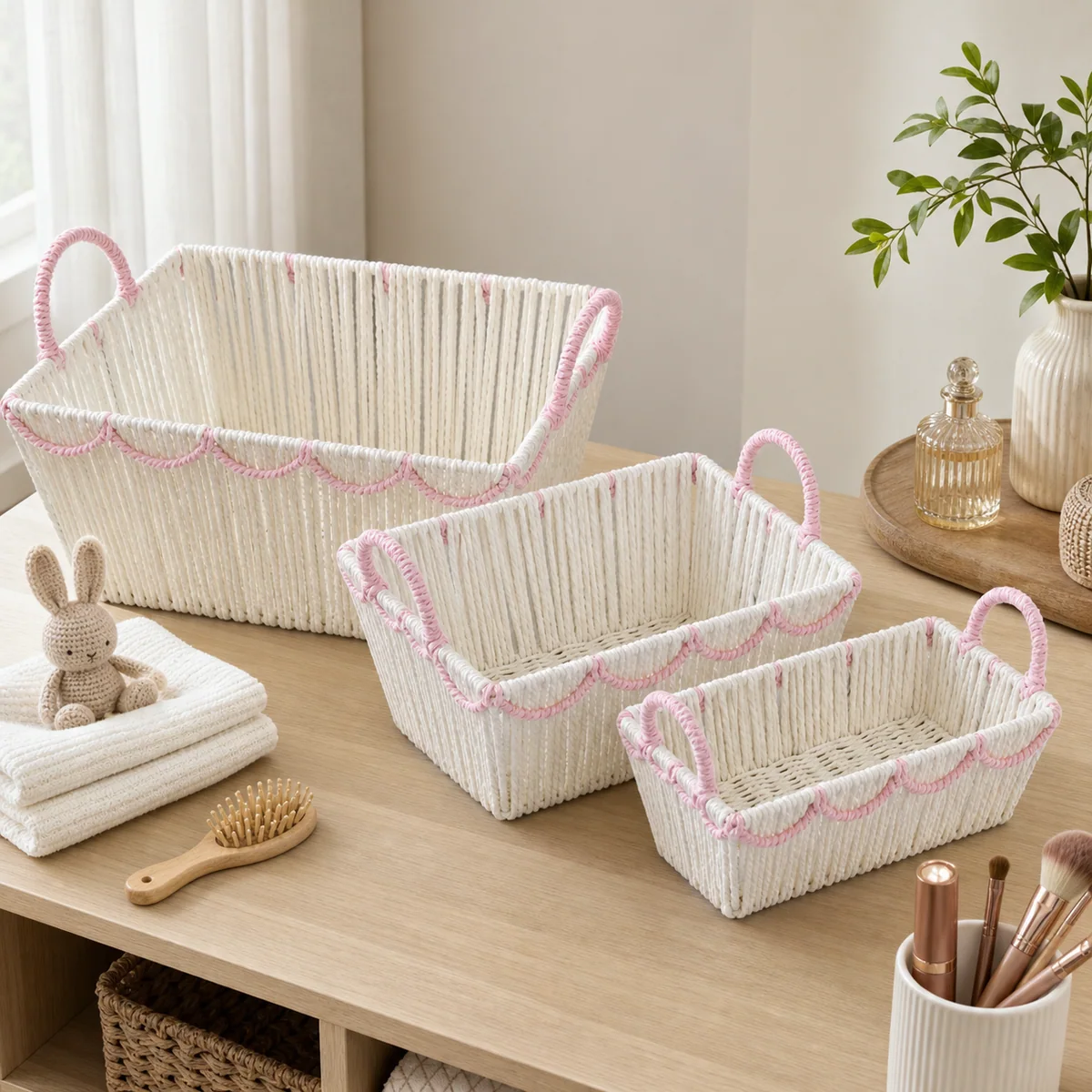 Multi-Color Paper Rope Rectangular 3-Piece Nested Basket Set with Loop Handles