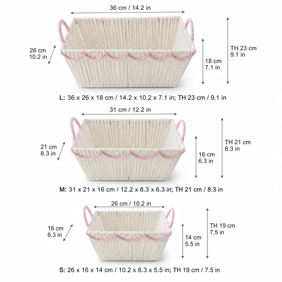 Multi-Color Paper Rope Rectangular 3-Piece Nested Basket Set with Loop Handles