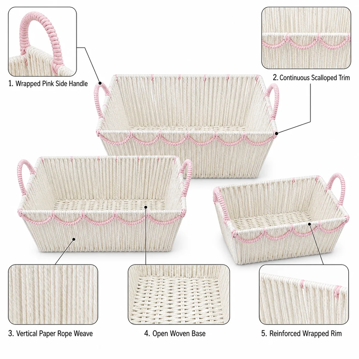 Multi-Color Paper Rope Rectangular 3-Piece Nested Basket Set with Loop Handles