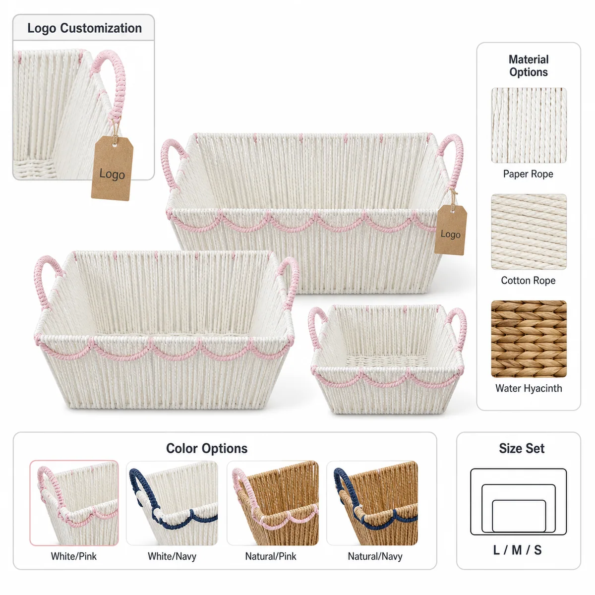 Multi-Color Paper Rope Rectangular 3-Piece Nested Basket Set with Loop Handles