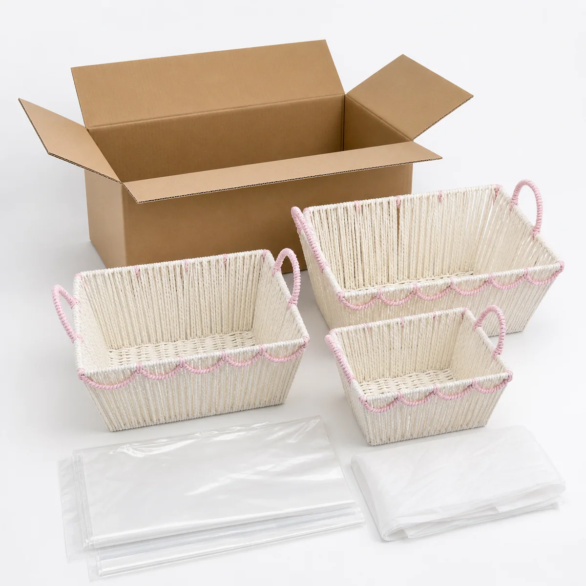 Multi-Color Paper Rope Rectangular 3-Piece Nested Basket Set with Loop Handles