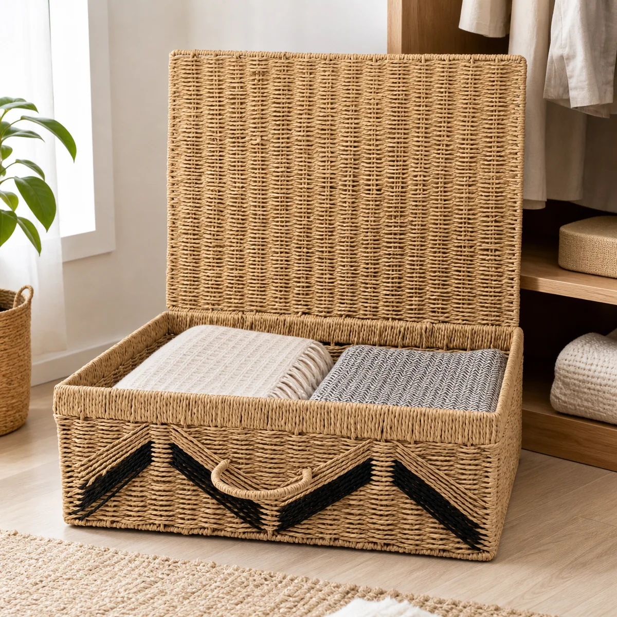 Natural Straw Brown Paper Rope Rectangular Large Lidded Storage Trunk