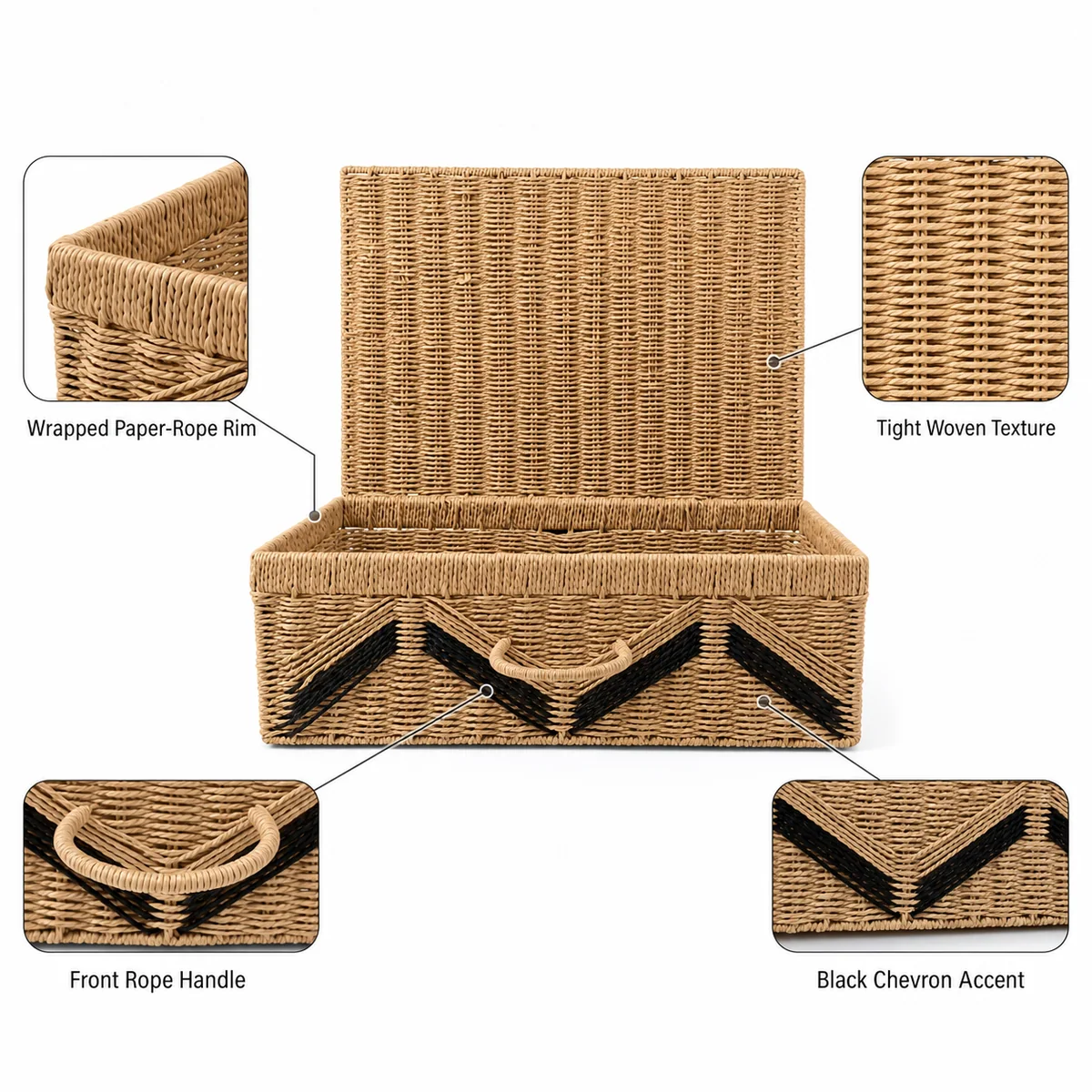 Natural Straw Brown Paper Rope Rectangular Large Lidded Storage Trunk