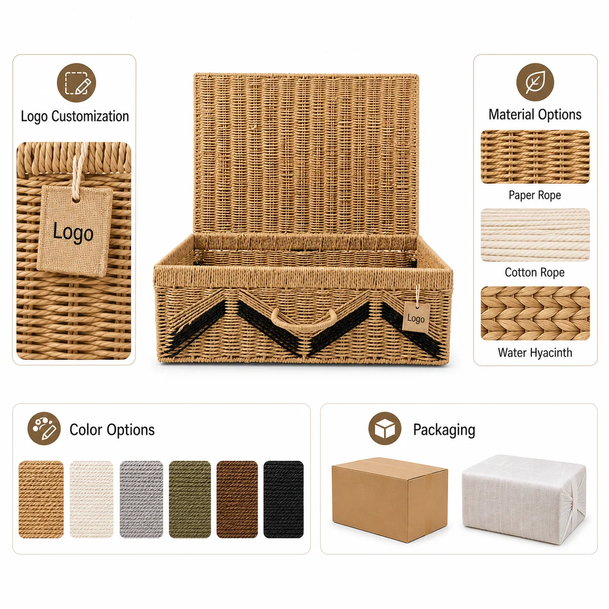 Natural Straw Brown Paper Rope Rectangular Large Lidded Storage Trunk