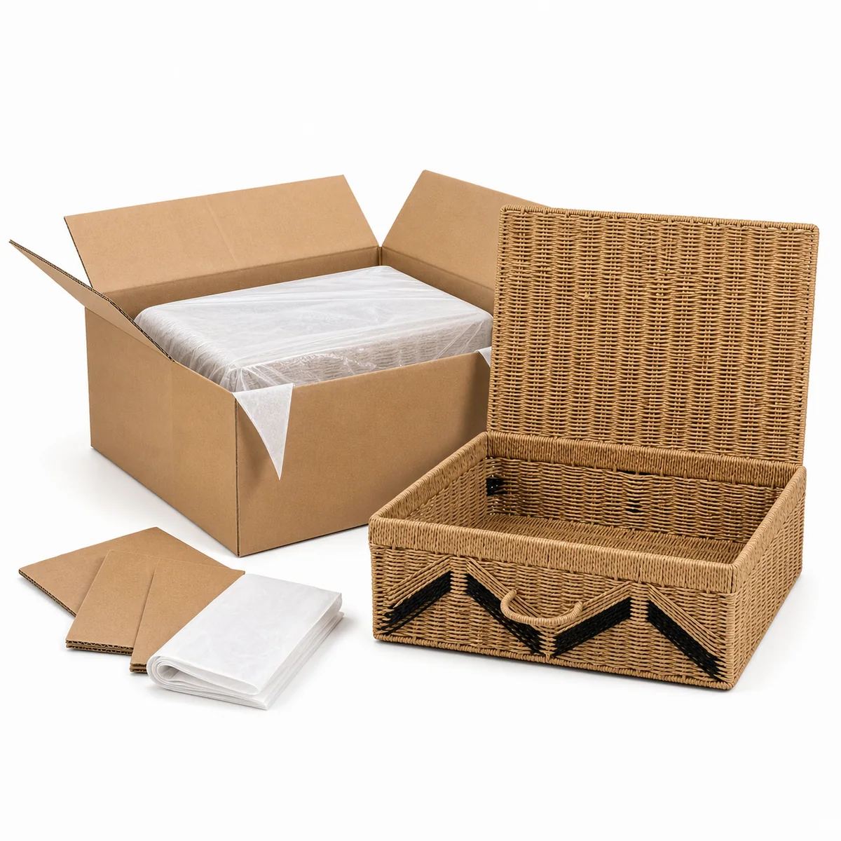 Natural Straw Brown Paper Rope Rectangular Large Lidded Storage Trunk