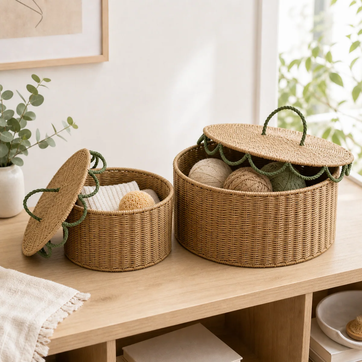 Multi-Color Paper Rope Round 2-Piece Nested Basket Set with Loop Handles