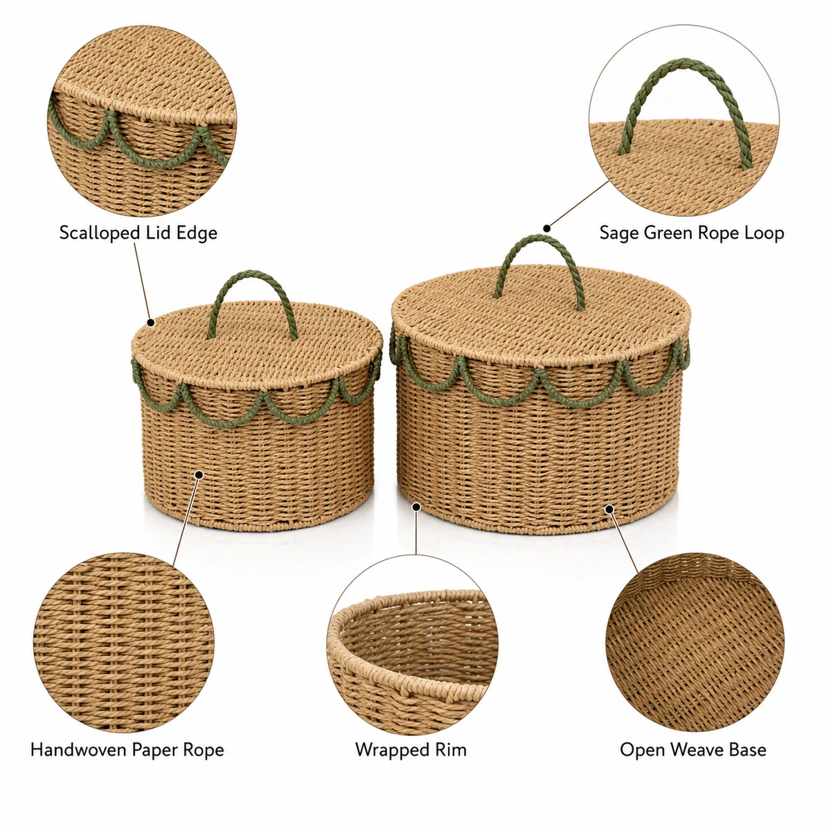 Multi-Color Paper Rope Round 2-Piece Nested Basket Set with Loop Handles