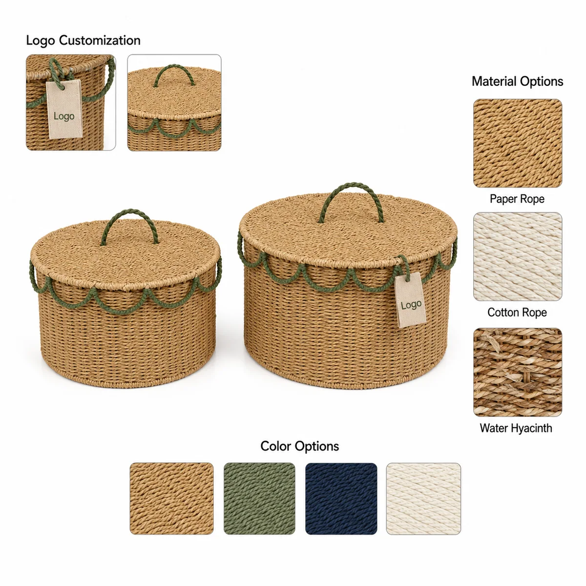 Multi-Color Paper Rope Round 2-Piece Nested Basket Set with Loop Handles
