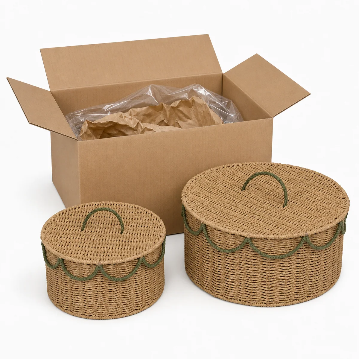 Multi-Color Paper Rope Round 2-Piece Nested Basket Set with Loop Handles