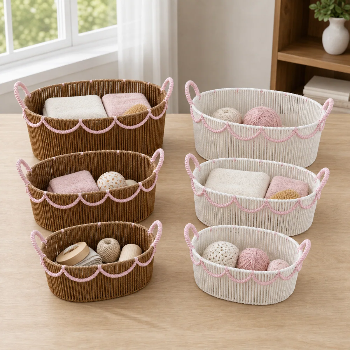 Natural Brown and Pink Paper Rope Oval 3-Piece Nested Basket Set with Loop Handles