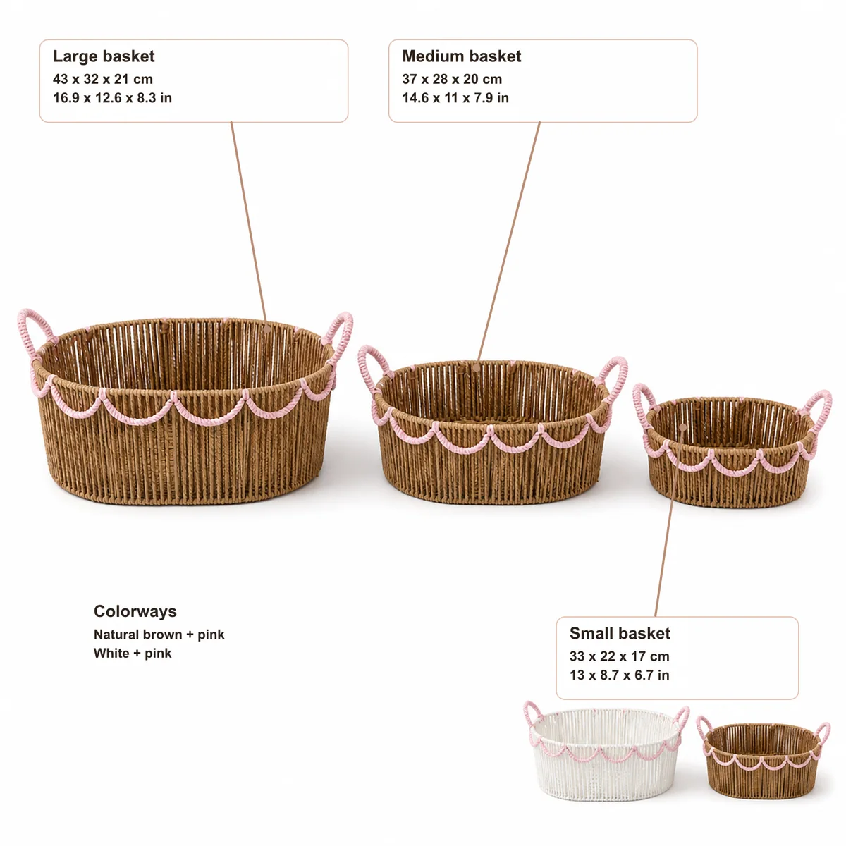 Natural Brown and Pink Paper Rope Oval 3-Piece Nested Basket Set with Loop Handles