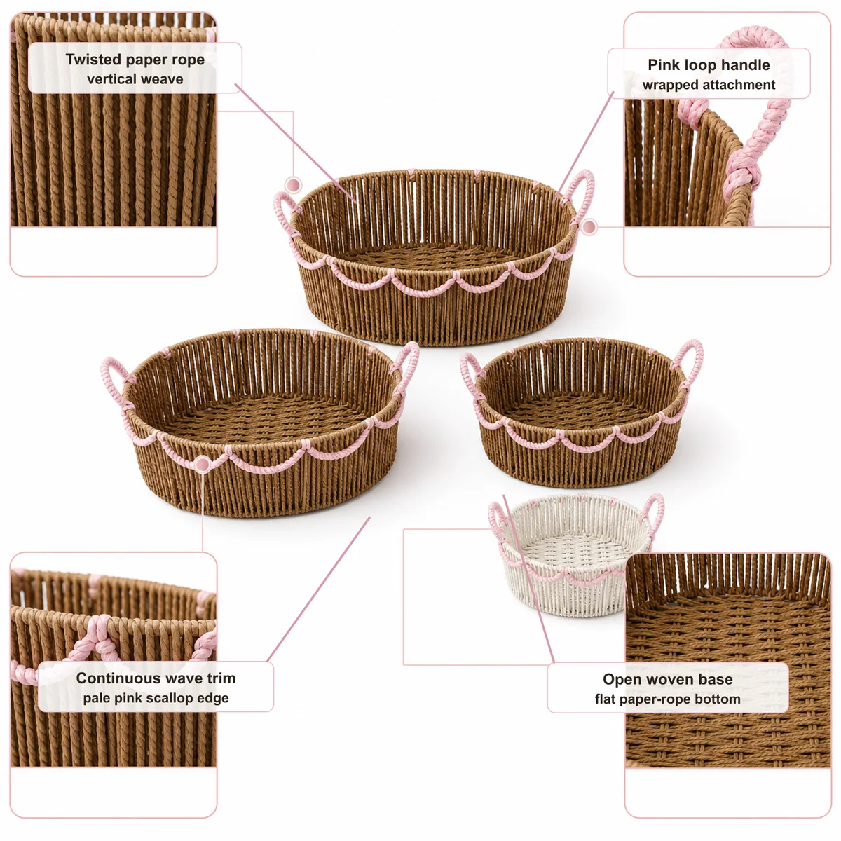 Natural Brown and Pink Paper Rope Oval 3-Piece Nested Basket Set with Loop Handles