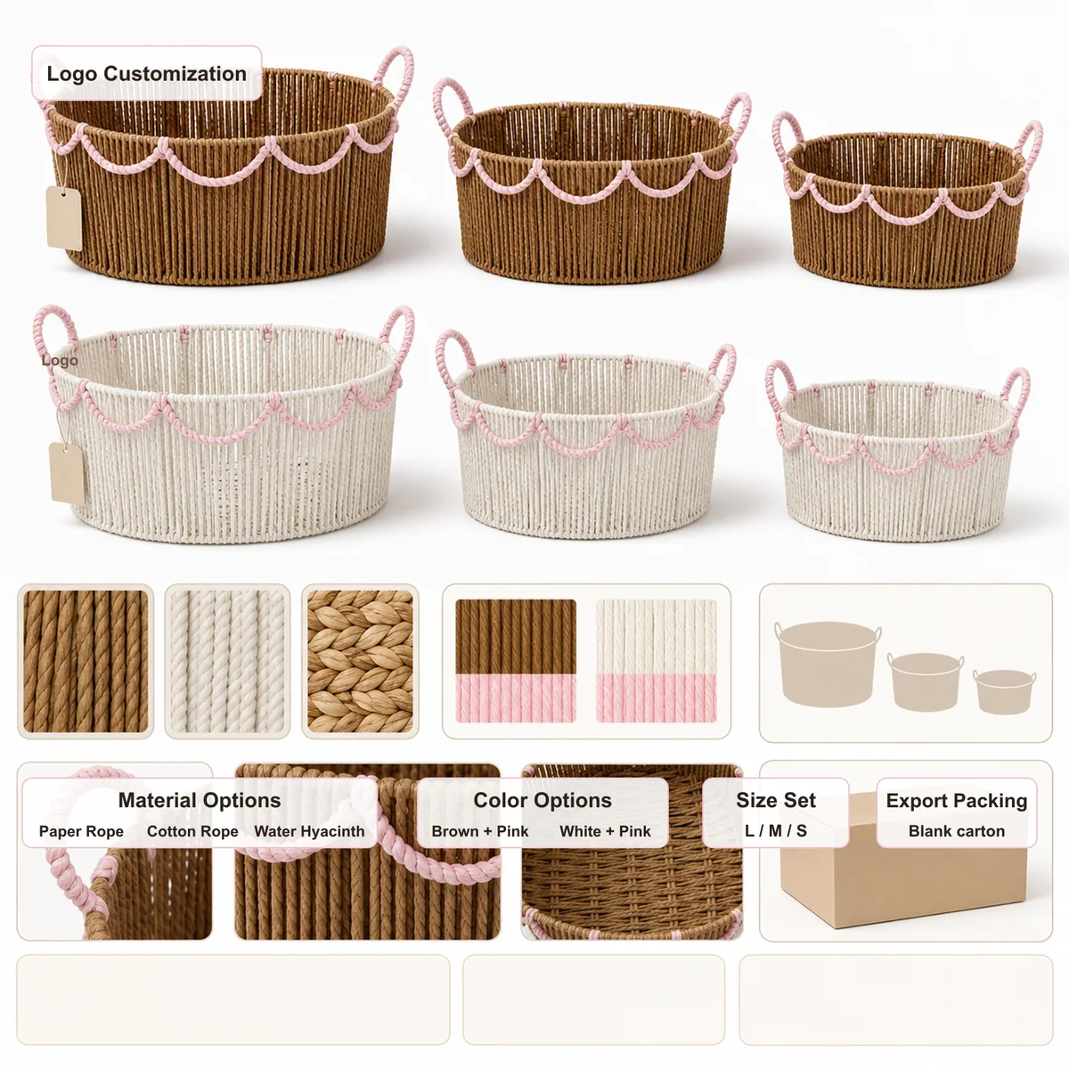 Natural Brown and Pink Paper Rope Oval 3-Piece Nested Basket Set with Loop Handles