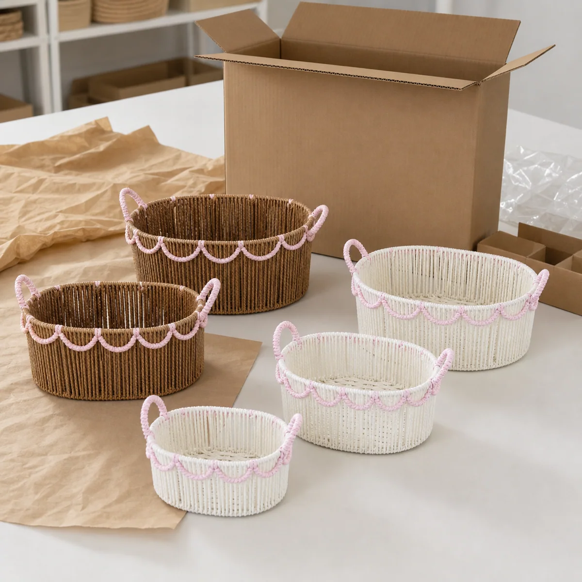 Natural Brown and Pink Paper Rope Oval 3-Piece Nested Basket Set with Loop Handles