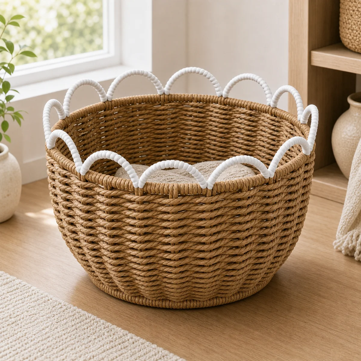 Natural Brown and White Paper Rope Round Storage Basket with Wave Loop Trim