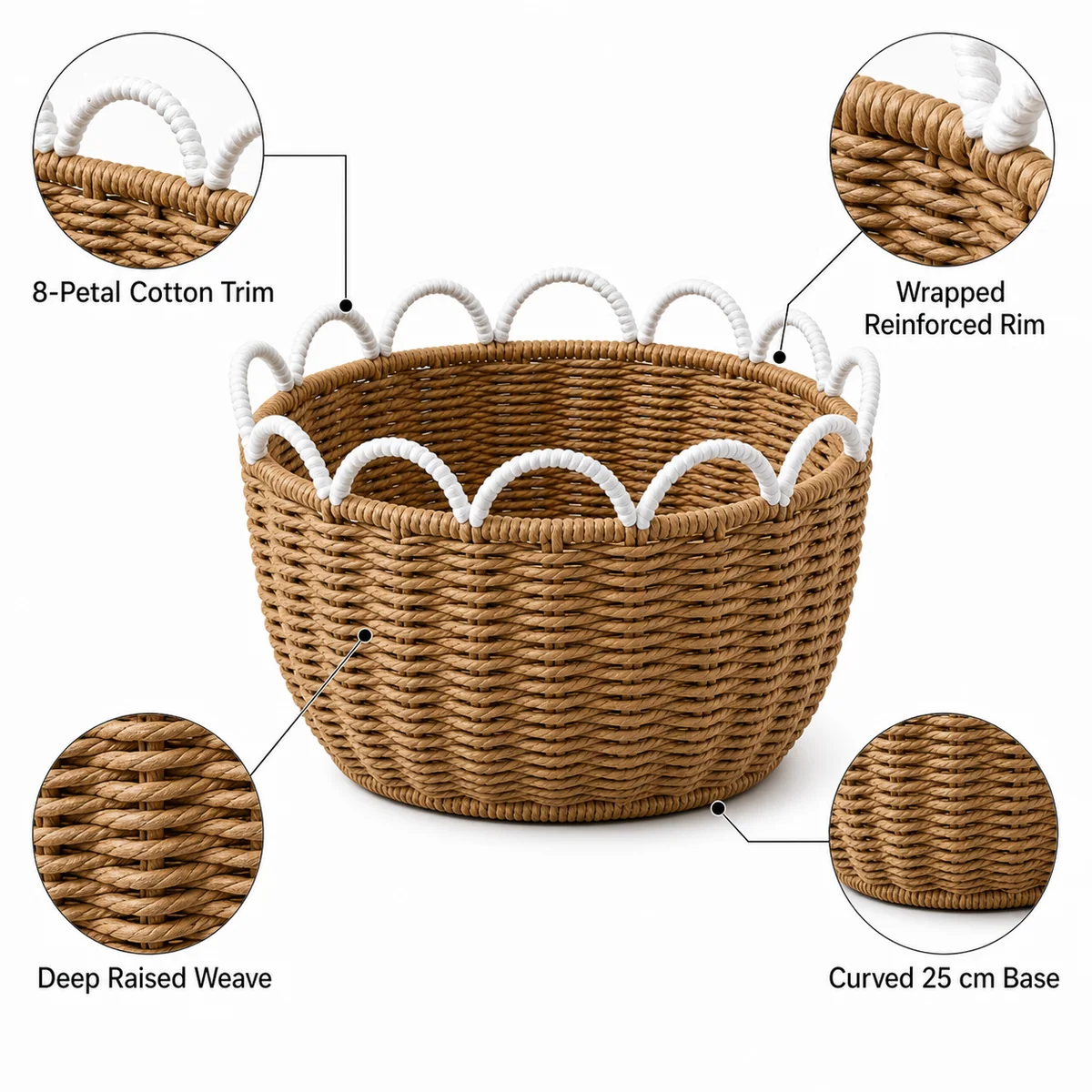 Natural Brown and White Paper Rope Round Storage Basket with Wave Loop Trim