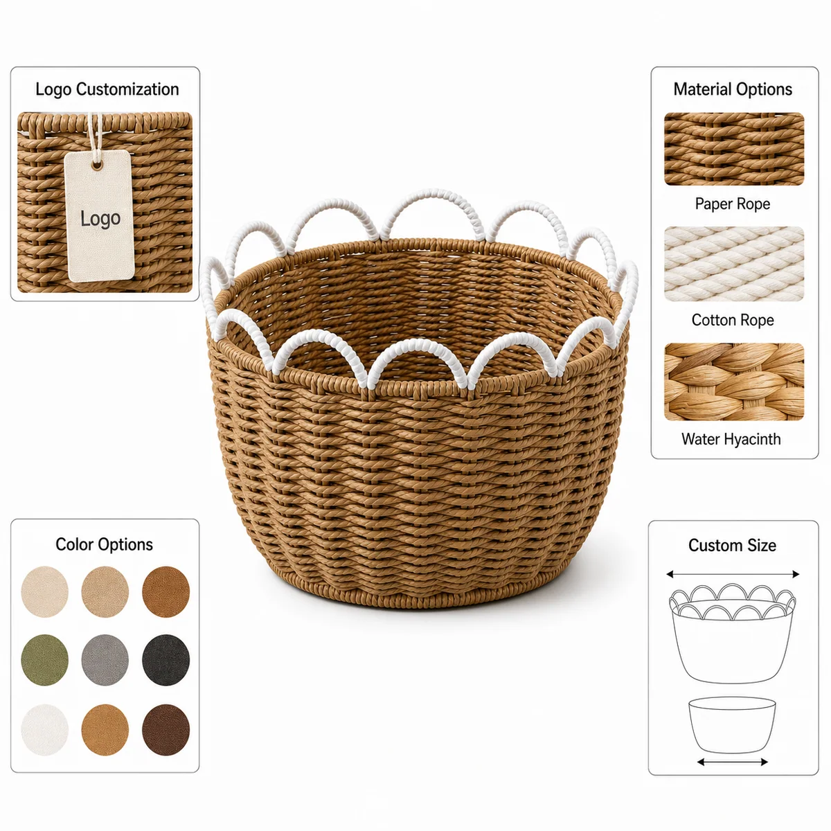 Natural Brown and White Paper Rope Round Storage Basket with Wave Loop Trim