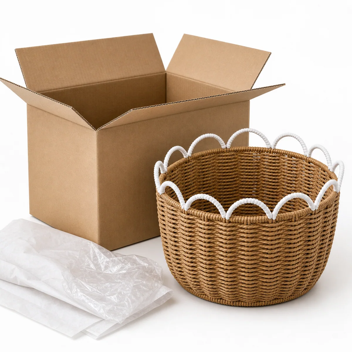 Natural Brown and White Paper Rope Round Storage Basket with Wave Loop Trim