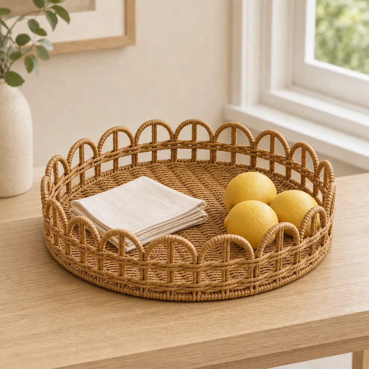Natural Brown Paper Rope Round Shallow Storage Tray with Arched Rail Sides