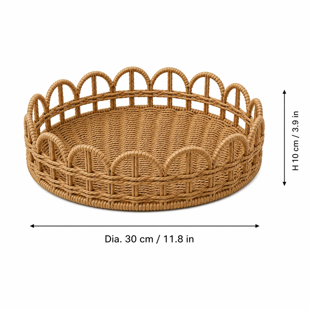Natural Brown Paper Rope Round Shallow Storage Tray with Arched Rail Sides