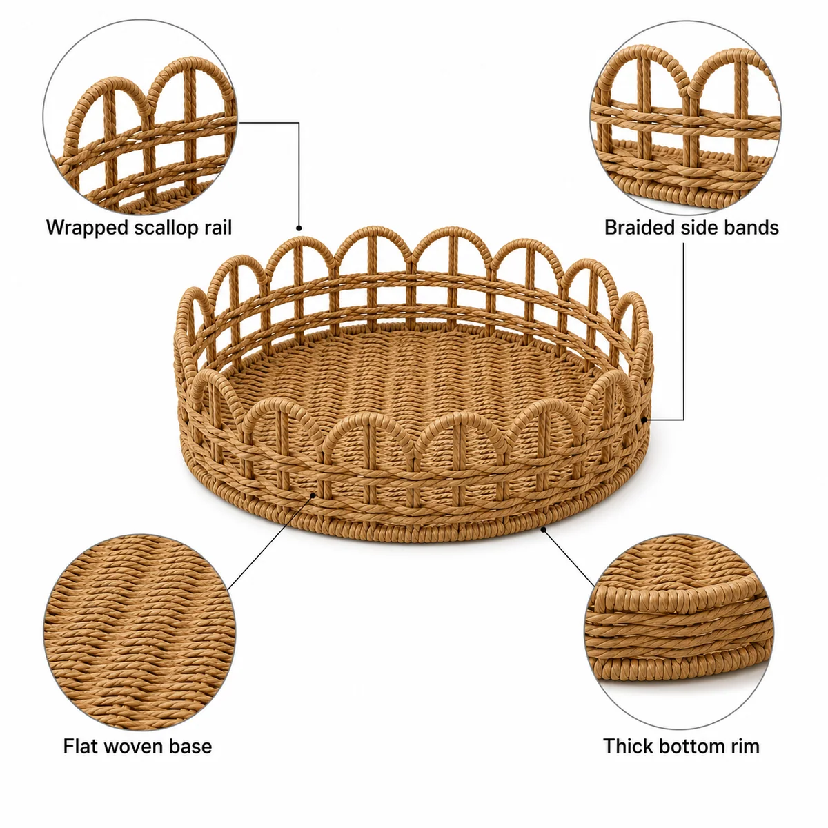 Natural Brown Paper Rope Round Shallow Storage Tray with Arched Rail Sides