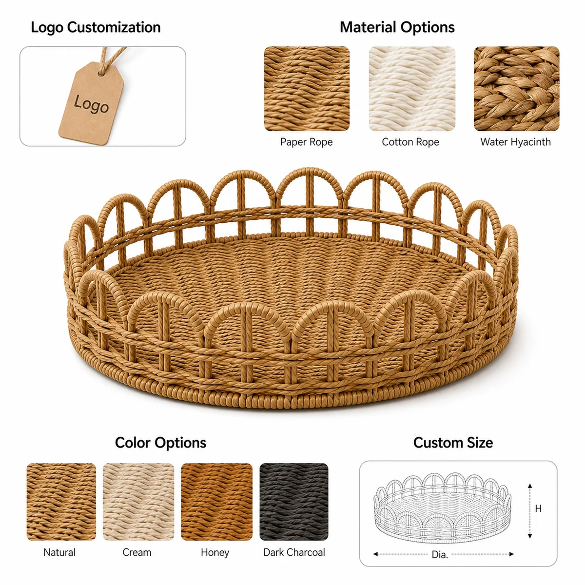 Natural Brown Paper Rope Round Shallow Storage Tray with Arched Rail Sides