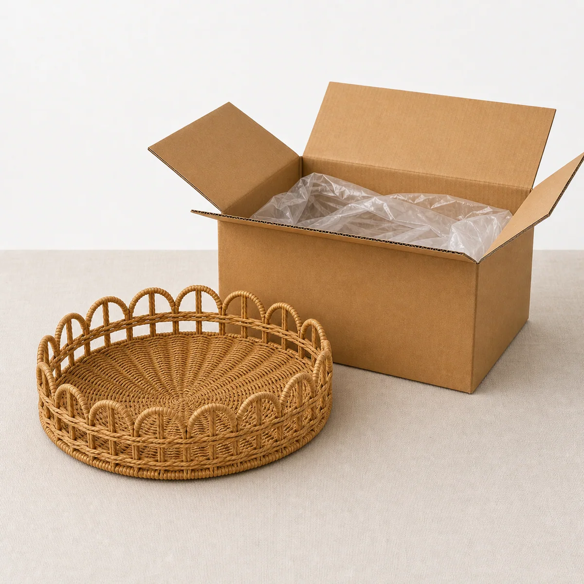 Natural Brown Paper Rope Round Shallow Storage Tray with Arched Rail Sides
