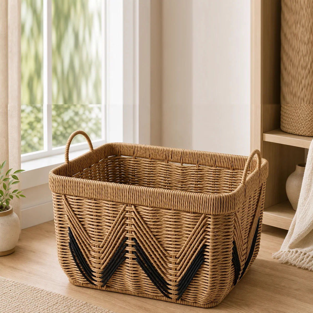 Natural Brown Paper Rope Large Rectangular Storage Basket with Black V-Pattern Accent and Loop Handles