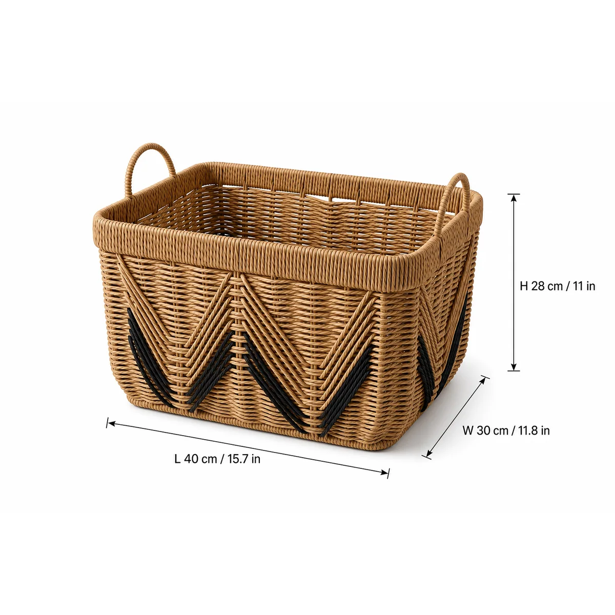 Natural Brown Paper Rope Large Rectangular Storage Basket with Black V-Pattern Accent and Loop Handles