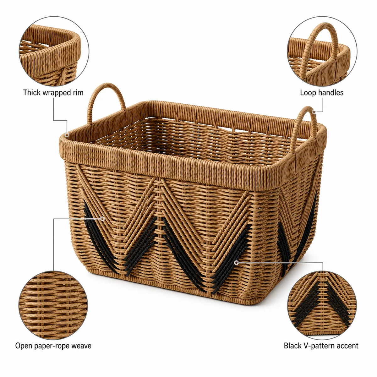 Natural Brown Paper Rope Large Rectangular Storage Basket with Black V-Pattern Accent and Loop Handles