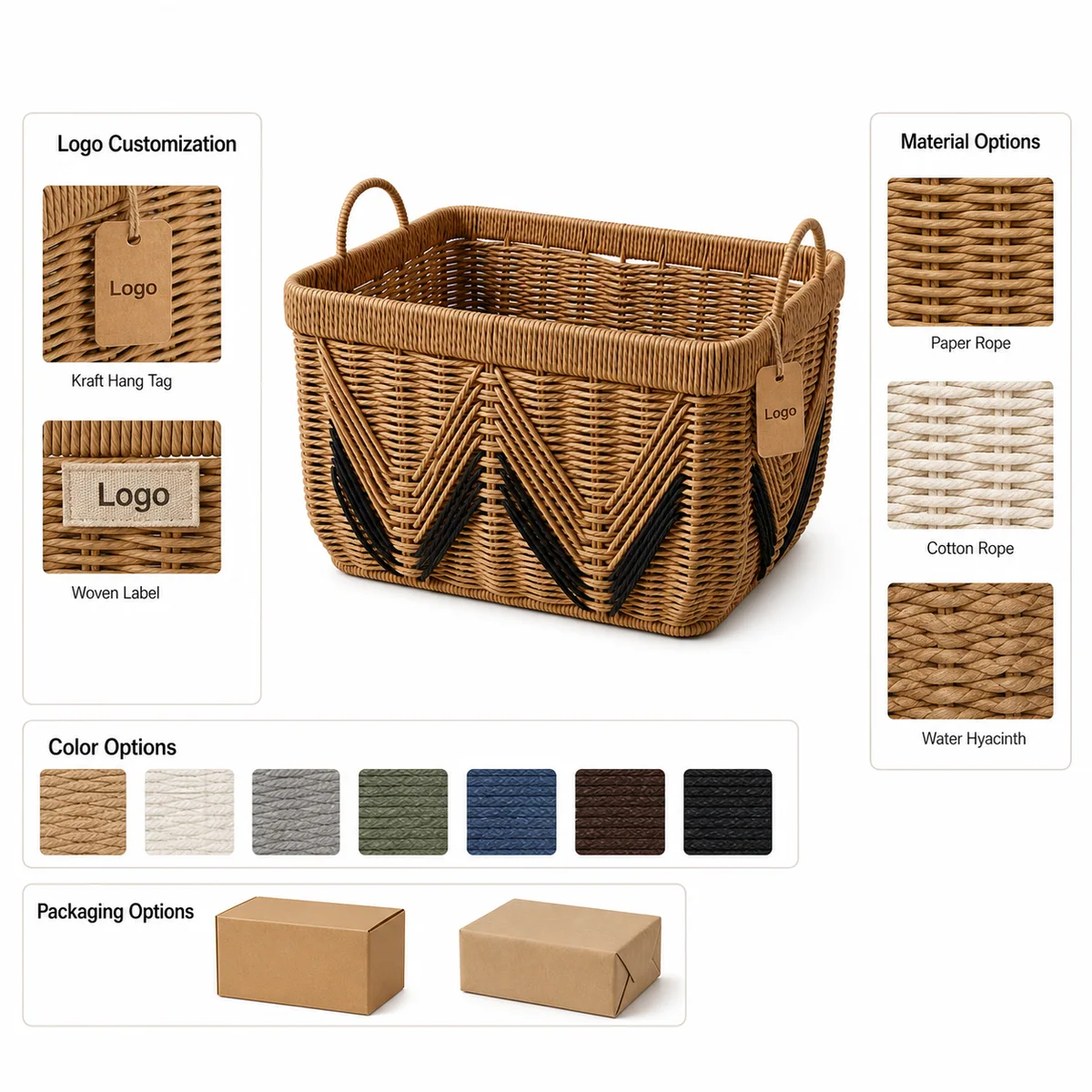 Natural Brown Paper Rope Large Rectangular Storage Basket with Black V-Pattern Accent and Loop Handles