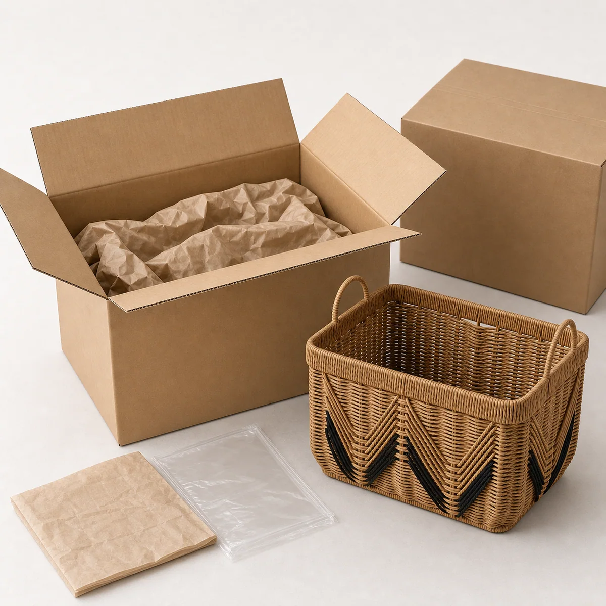 Natural Brown Paper Rope Large Rectangular Storage Basket with Black V-Pattern Accent and Loop Handles