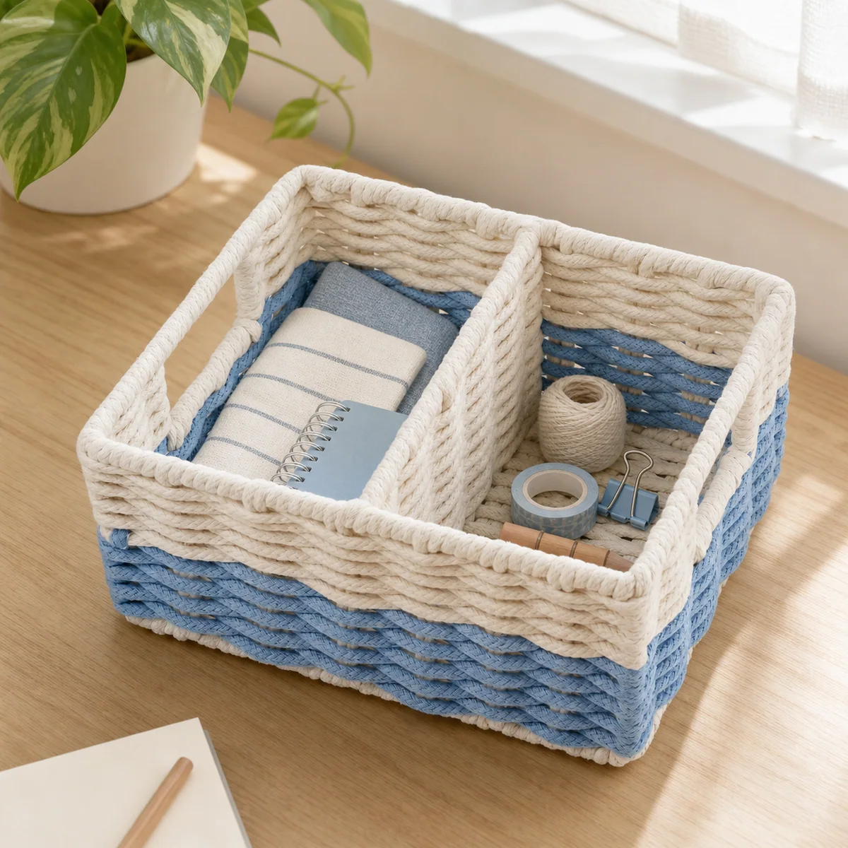 Cream White and Light Blue Cotton Rope Rectangular Two-Compartment Storage Basket