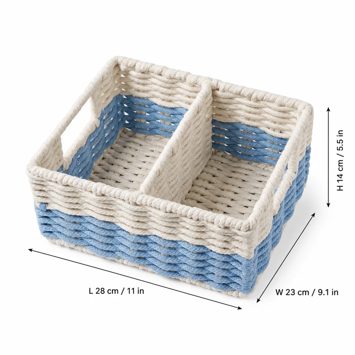 Cream White and Light Blue Cotton Rope Rectangular Two-Compartment Storage Basket