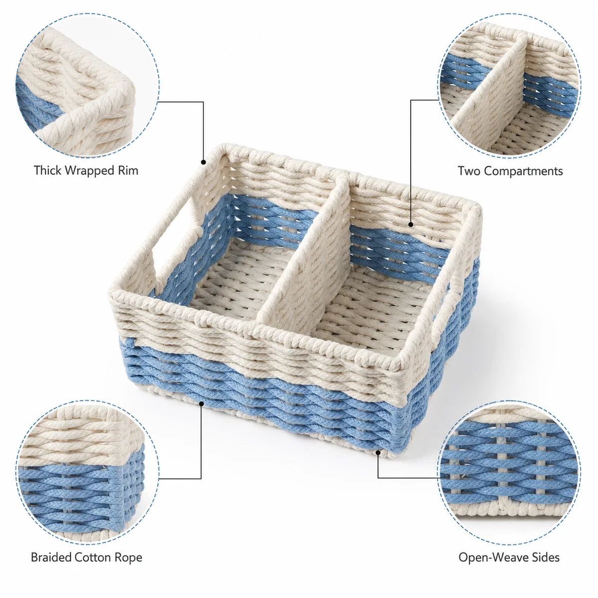 Cream White and Light Blue Cotton Rope Rectangular Two-Compartment Storage Basket