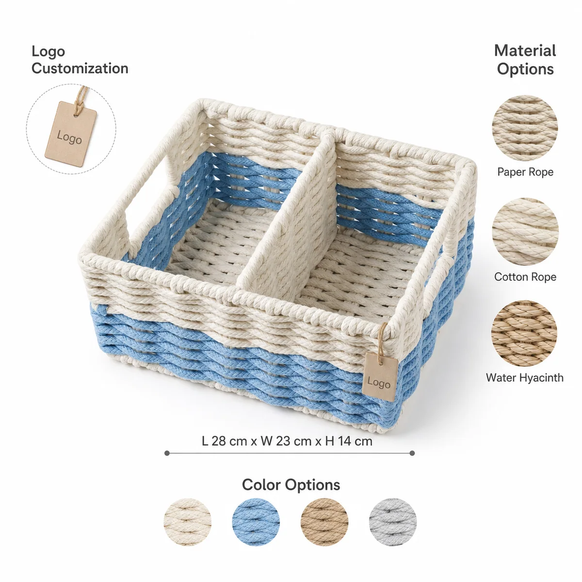 Cream White and Light Blue Cotton Rope Rectangular Two-Compartment Storage Basket