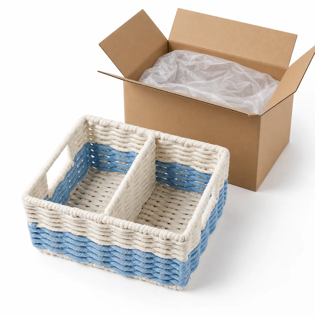 Cream White and Light Blue Cotton Rope Rectangular Two-Compartment Storage Basket