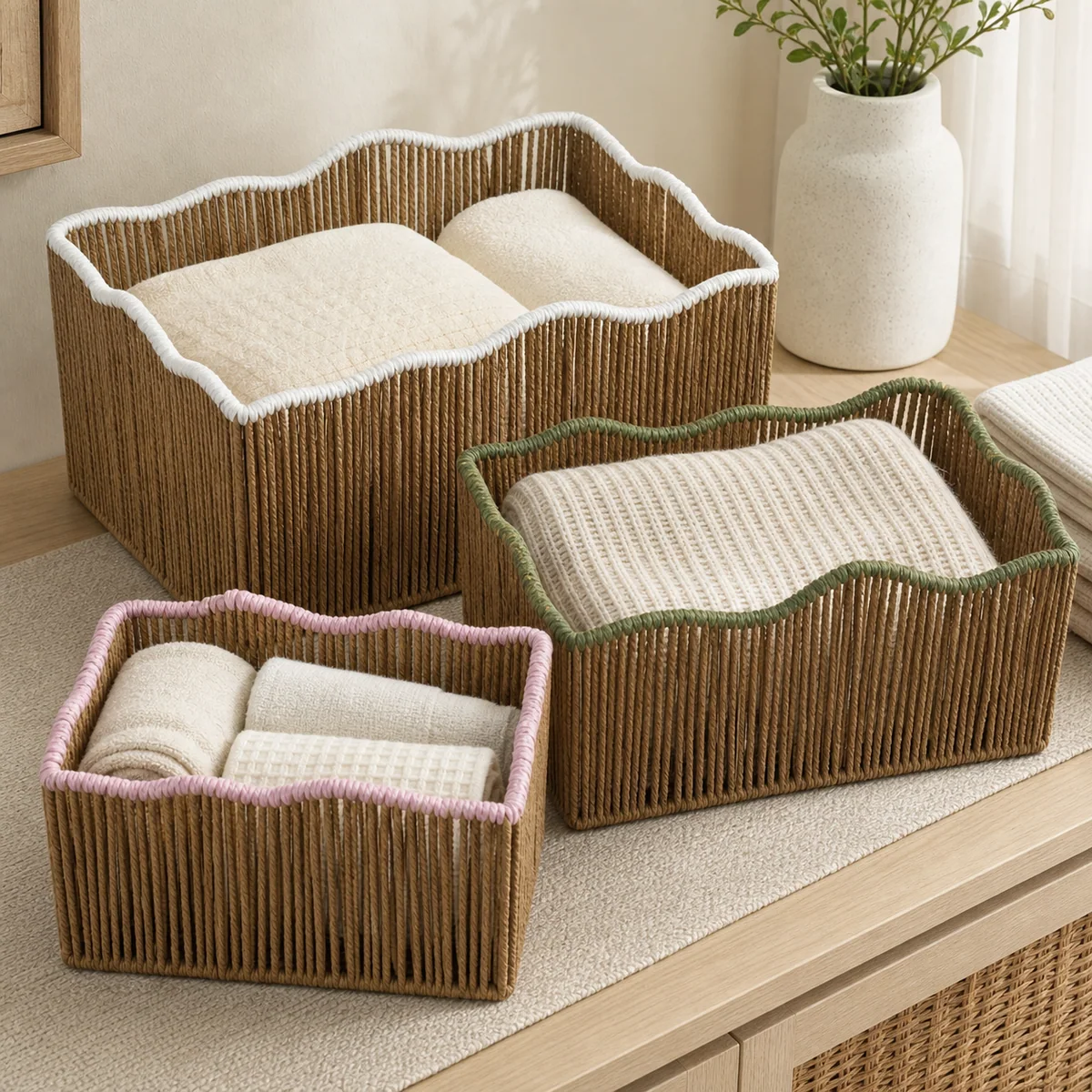 Natural Brown Paper Rope Rectangular 3-Piece Nested Basket Set with White Green and Pink Rim Accents