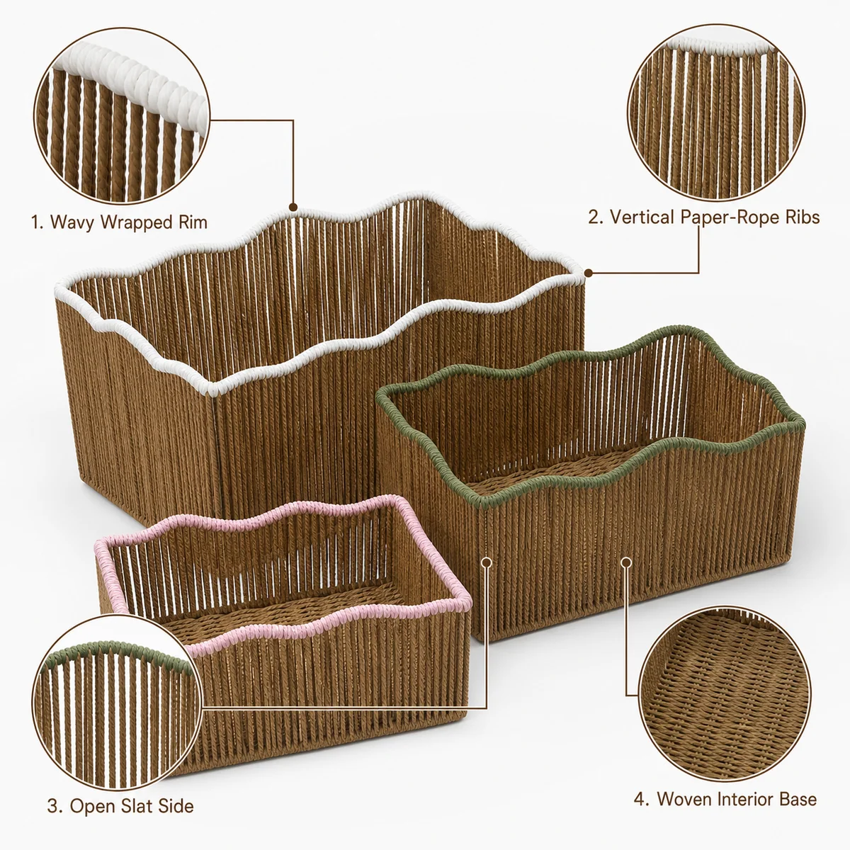 Natural Brown Paper Rope Rectangular 3-Piece Nested Basket Set with White Green and Pink Rim Accents