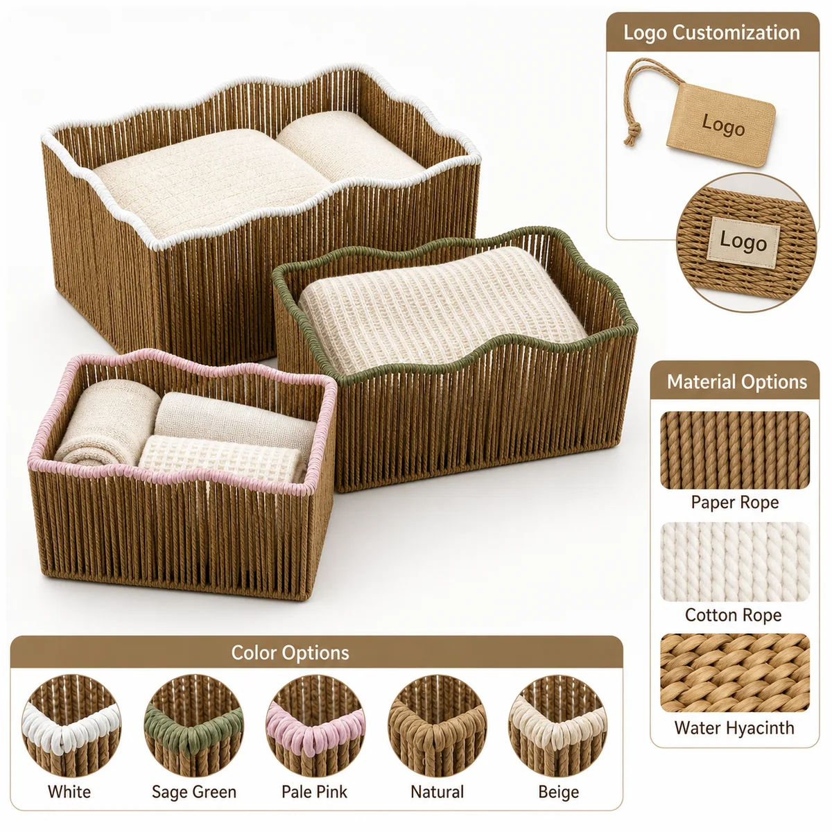 Natural Brown Paper Rope Rectangular 3-Piece Nested Basket Set with White Green and Pink Rim Accents